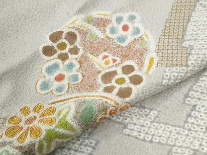平和屋着物●訪問着　駒刺繍　絞り　松皮菱草花文　金彩　正絹　逸品　CABG0891yc