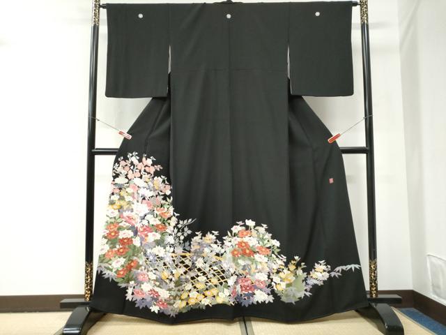 平和屋着物●本加賀友禅作家　西川健一　黒留袖　籬牡丹花文　正絹　逸品　CABG0895yc