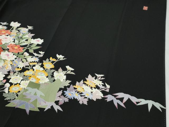 平和屋着物●本加賀友禅作家　西川健一　黒留袖　籬牡丹花文　正絹　逸品　CABG0895yc