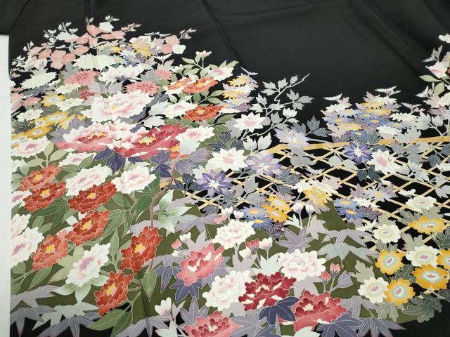 平和屋着物●本加賀友禅作家　西川健一　黒留袖　籬牡丹花文　正絹　逸品　CABG0895yc
