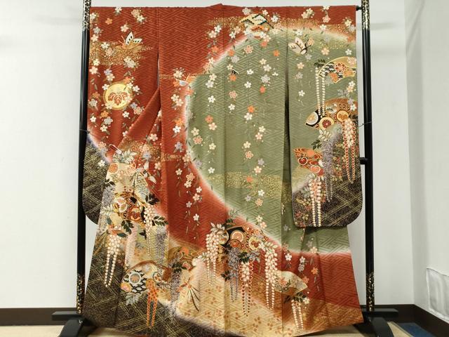 平和屋着物●豪華振袖　駒刺繍　鳳凰地紙草花丸文　暈し染め　金彩　正絹　逸品　CABG0907yc
