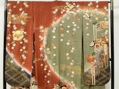 平和屋着物●豪華振袖　駒刺繍　鳳凰地紙草花丸文　暈し染め　金彩　正絹　逸品　CABG0907yc