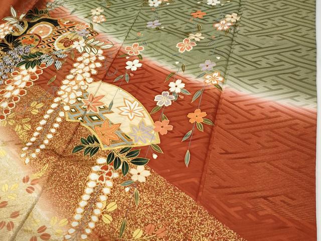 平和屋着物●豪華振袖　駒刺繍　鳳凰地紙草花丸文　暈し染め　金彩　正絹　逸品　CABG0907yc