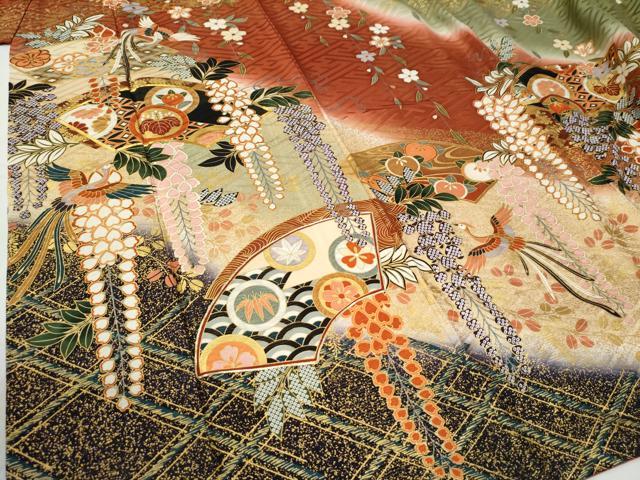 平和屋着物●豪華振袖　駒刺繍　鳳凰地紙草花丸文　暈し染め　金彩　正絹　逸品　CABG0907yc