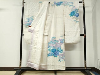 平和屋着物●名門　藤娘きぬたや・総絞り　振袖　雲取り風景牡丹花文　正絹　逸品　CABG0912yc