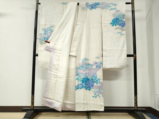 平和屋着物●名門　藤娘きぬたや・総絞り　振袖　雲取り風景牡丹花文　正絹　逸品　CABG0912yc