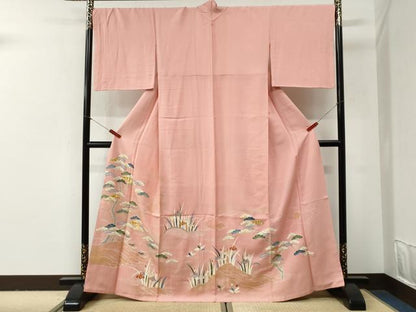 平和屋着物●豪華色留袖　駒刺繍　浜松籬草花文　金彩　正絹　逸品　CABG0950yc