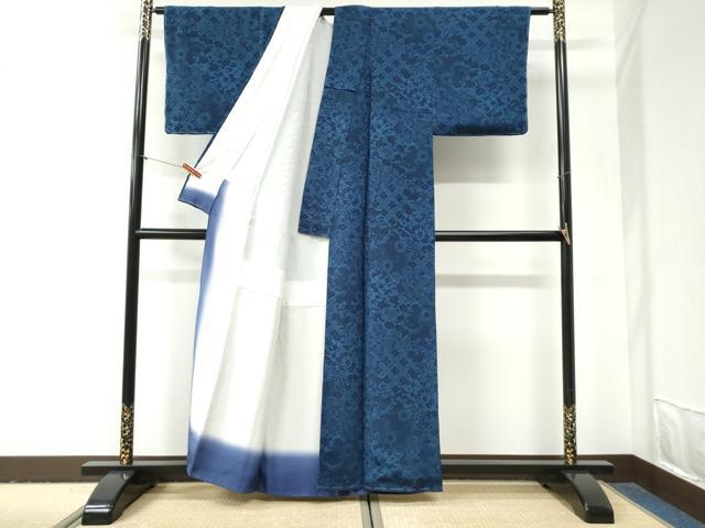 平和屋着物●上質な小紋　藍　型染め　菊花唐草文　鬼しぼ縮緬　正絹　逸品　未使用　CABG0958yc