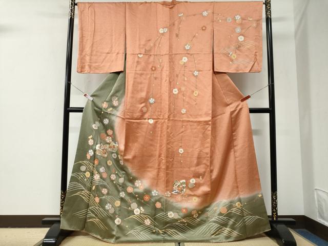 平和屋着物●訪問着　立波花蝶唐草文　暈し染め　金彩　正絹　逸品　CABG0964yc