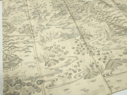 平和屋着物●白山紬　訪問着　流水渡り橋松竹梅風景文　証紙付き　正絹　逸品　CABG0966yc