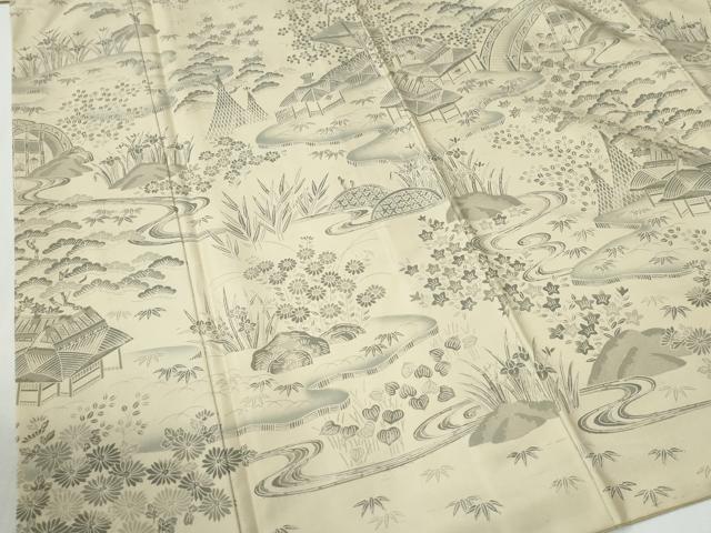 平和屋着物●白山紬　訪問着　流水渡り橋松竹梅風景文　証紙付き　正絹　逸品　CABG0966yc
