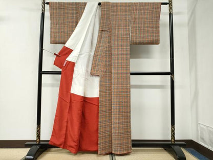 平和屋着物●上質な小紋　作家物　格子　鬼しぼ縮緬　正絹　逸品　CABG0975yc
