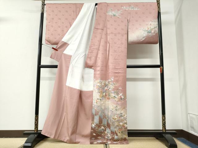 平和屋着物●訪問着　飛鶴流水扇面花文　暈し染め　金彩　正絹　逸品　CABG0983yc