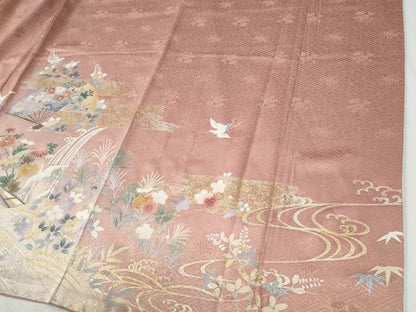 平和屋着物●訪問着　飛鶴流水扇面花文　暈し染め　金彩　正絹　逸品　CABG0983yc
