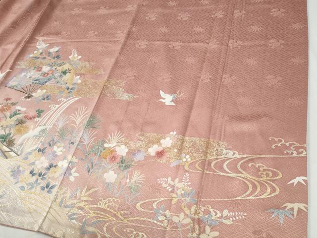 平和屋着物●訪問着　飛鶴流水扇面花文　暈し染め　金彩　正絹　逸品　CABG0983yc