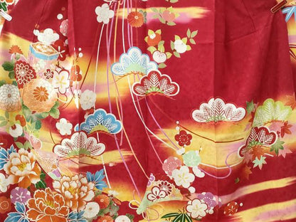 平和屋着物●豪華振袖　駒刺繍　貝桶檜扇松竹梅花文　暈し染め　銀通し地　正絹　逸品　CABG0985yc