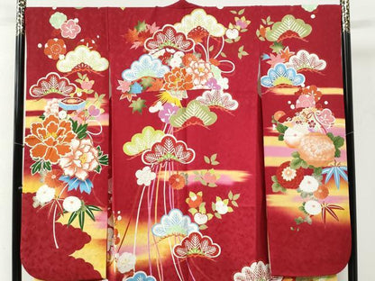 平和屋着物●豪華振袖　駒刺繍　貝桶檜扇松竹梅花文　暈し染め　銀通し地　正絹　逸品　CABG0985yc