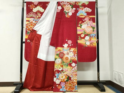 平和屋着物●豪華振袖　駒刺繍　貝桶檜扇松竹梅花文　暈し染め　銀通し地　正絹　逸品　CABG0985yc