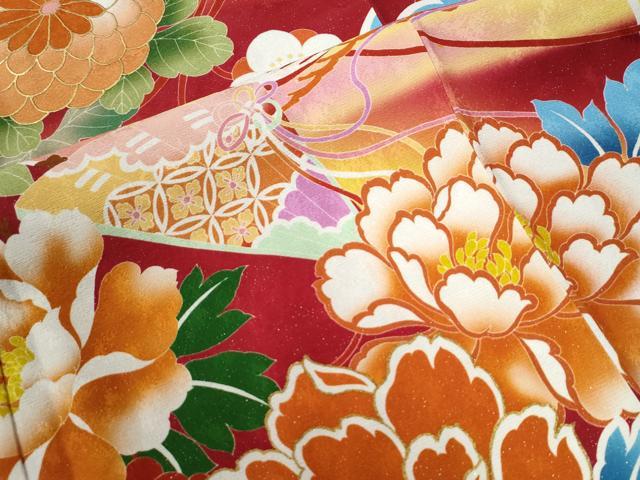 平和屋着物●豪華振袖　駒刺繍　貝桶檜扇松竹梅花文　暈し染め　銀通し地　正絹　逸品　CABG0985yc