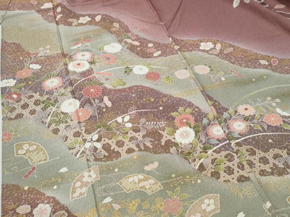 平和屋着物●訪問着　地紙網目草花文　暈し染め　金彩　正絹　逸品　CABG0986yc