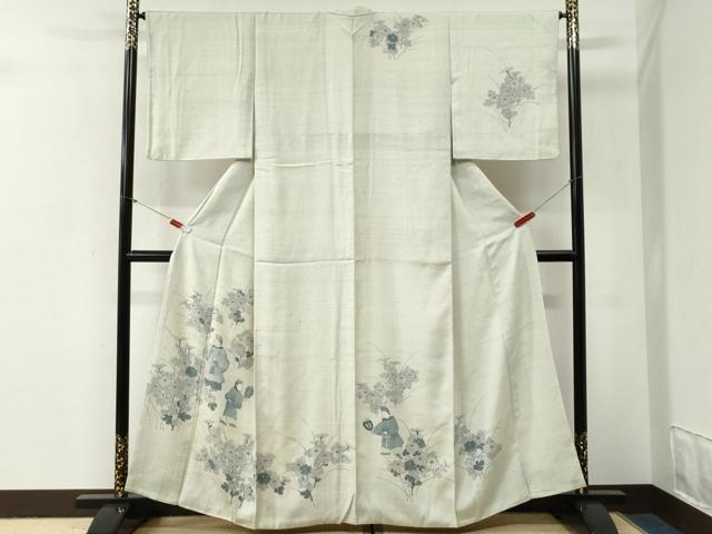 平和屋着物●訪問着　紬地　手描き　人物草花文　正絹　逸品　CABG0995yc