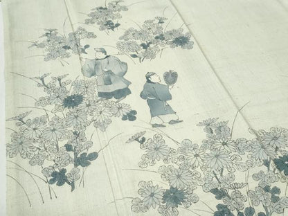 平和屋着物●訪問着　紬地　手描き　人物草花文　正絹　逸品　CABG0995yc