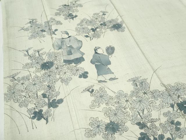 平和屋着物●訪問着　紬地　手描き　人物草花文　正絹　逸品　CABG0995yc