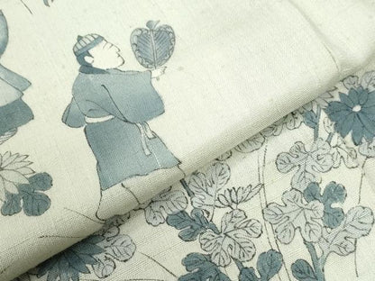 平和屋着物●訪問着　紬地　手描き　人物草花文　正絹　逸品　CABG0995yc