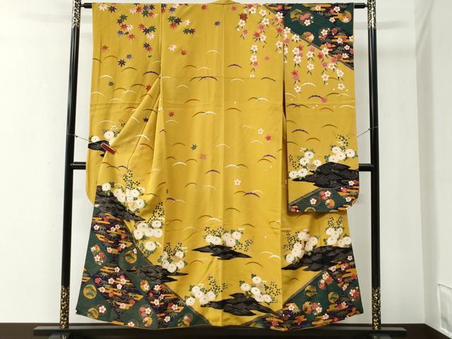 平和屋着物●ファッションデザイナー 花井幸子　振袖　駒刺繍　雪輪エ霞松竹梅花文　金彩　やまと誂製　正絹　逸品　CABG1001yc