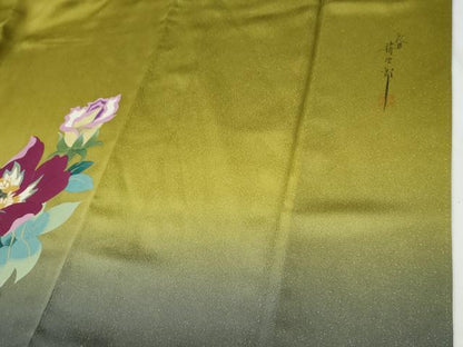 平和屋着物●二代目清次郎　手描き　振袖　草花文　暈し染め　金通し地　正絹　逸品　CABG1002yc