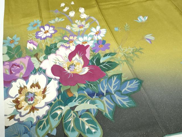 平和屋着物●二代目清次郎　手描き　振袖　草花文　暈し染め　金通し地　正絹　逸品　CABG1002yc