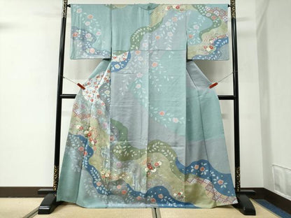 平和屋着物●訪問着　扇面草花文　金彩　正絹　逸品　CABG1005yc