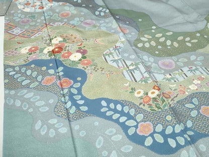 平和屋着物●訪問着　扇面草花文　金彩　正絹　逸品　CABG1005yc