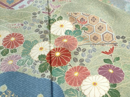 平和屋着物●訪問着　扇面草花文　金彩　正絹　逸品　CABG1005yc