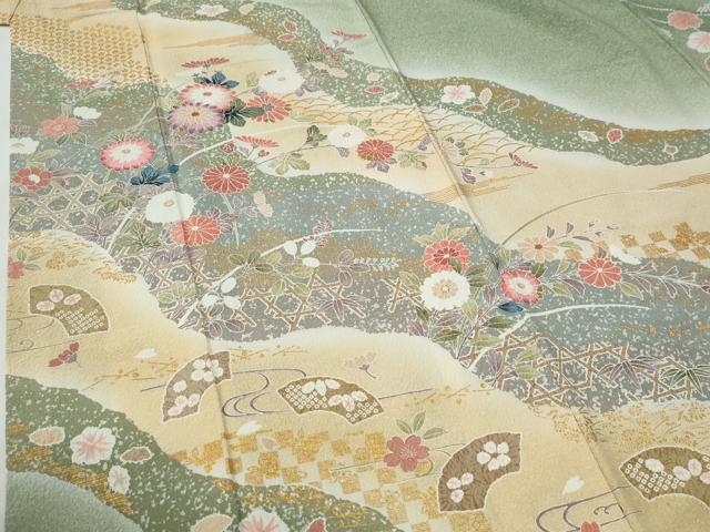 平和屋着物●訪問着　地紙網目草花文　暈し染め　金彩　正絹　逸品　CABG1009yc