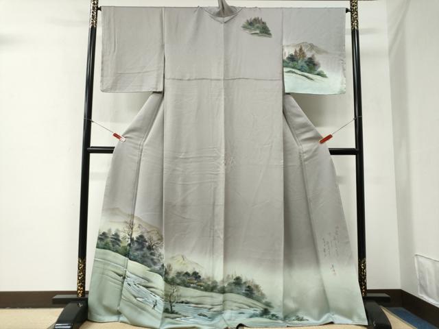 平和屋着物●訪問着　作家物　手描き　遠山人物風景文　暈し染め　ロング丈　正絹　逸品　未使用　CABG1022yc