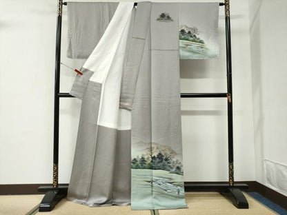平和屋着物●訪問着　作家物　手描き　遠山人物風景文　暈し染め　ロング丈　正絹　逸品　未使用　CABG1022yc