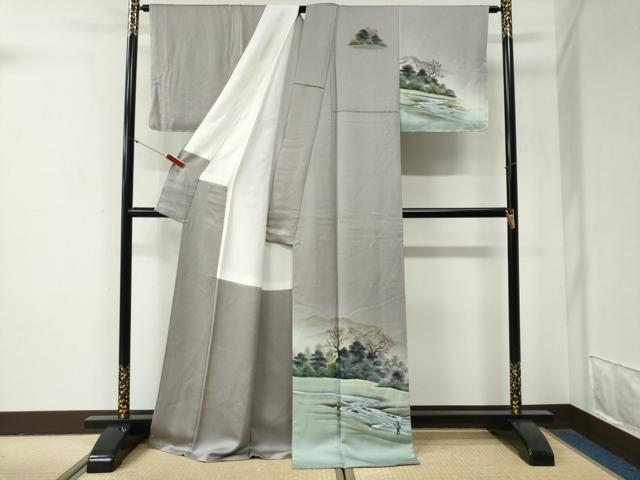 平和屋着物●訪問着　作家物　手描き　遠山人物風景文　暈し染め　ロング丈　正絹　逸品　未使用　CABG1022yc