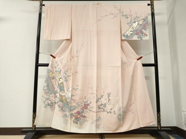 平和屋着物●訪問着　手描き　鬘帯飛鶴草花文　暈し染め　金彩　正絹　逸品　CABG1027yc