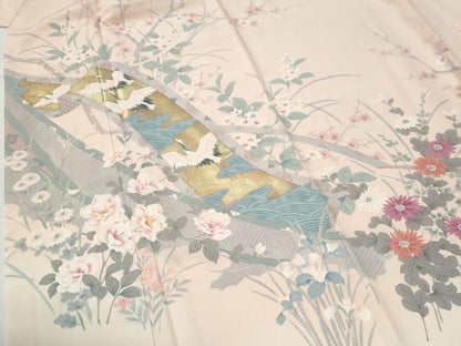 平和屋着物●訪問着　手描き　鬘帯飛鶴草花文　暈し染め　金彩　正絹　逸品　CABG1027yc
