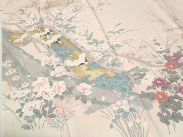 平和屋着物●訪問着　手描き　鬘帯飛鶴草花文　暈し染め　金彩　正絹　逸品　CABG1027yc