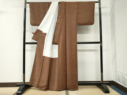平和屋着物●上質な色無地　霞地紋　枯茶色　正絹　逸品　CABG1029yc