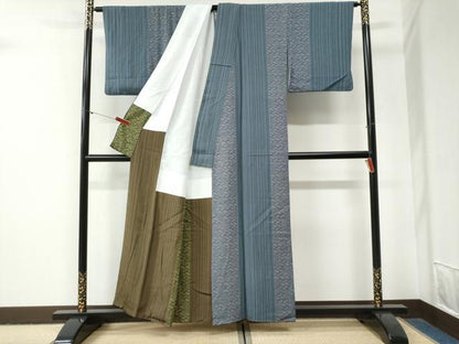 平和屋着物●上質な小紋　縞　檜垣花文　正絹　逸品　CABG1030yc