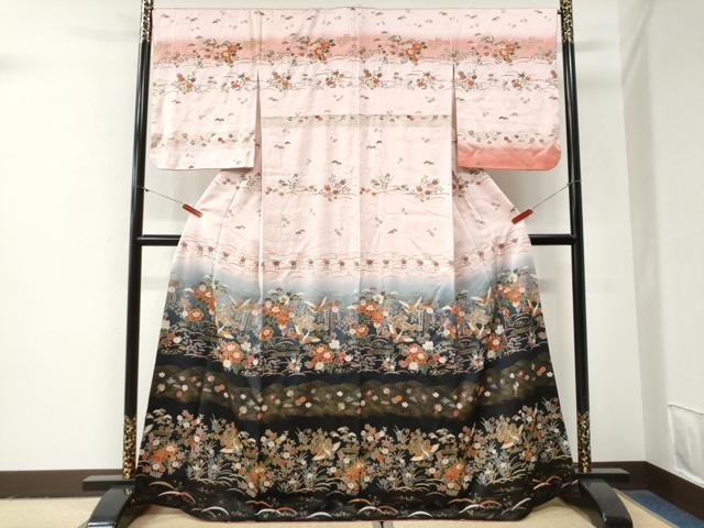 平和屋着物●訪問着　飛鶴吉祥草花文　暈し染め　金彩　正絹　逸品　CABG1036yc