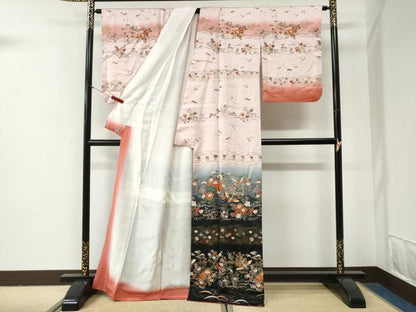 平和屋着物●訪問着　飛鶴吉祥草花文　暈し染め　金彩　正絹　逸品　CABG1036yc