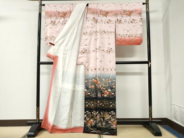 平和屋着物●訪問着　飛鶴吉祥草花文　暈し染め　金彩　正絹　逸品　CABG1036yc