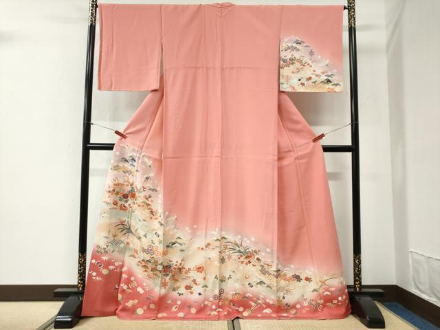 平和屋着物●訪問着　飛鶴宝尽くし松竹梅花文　暈し染め　金彩　正絹　逸品　未使用　CABG1041yc