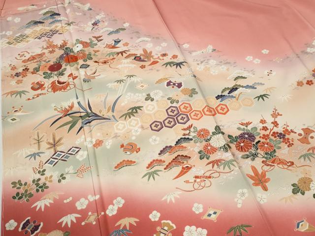 平和屋着物●訪問着　飛鶴宝尽くし松竹梅花文　暈し染め　金彩　正絹　逸品　未使用　CABG1041yc