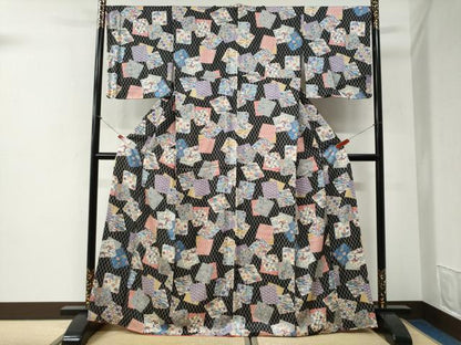 平和屋着物●上質な小紋　型染め　立涌色紙重ね飛鶴花文　黒地　正絹　逸品　CABG1043yc