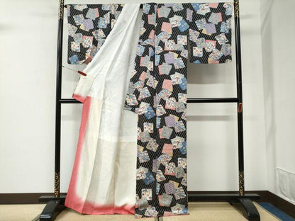 平和屋着物●上質な小紋　型染め　立涌色紙重ね飛鶴花文　黒地　正絹　逸品　CABG1043yc